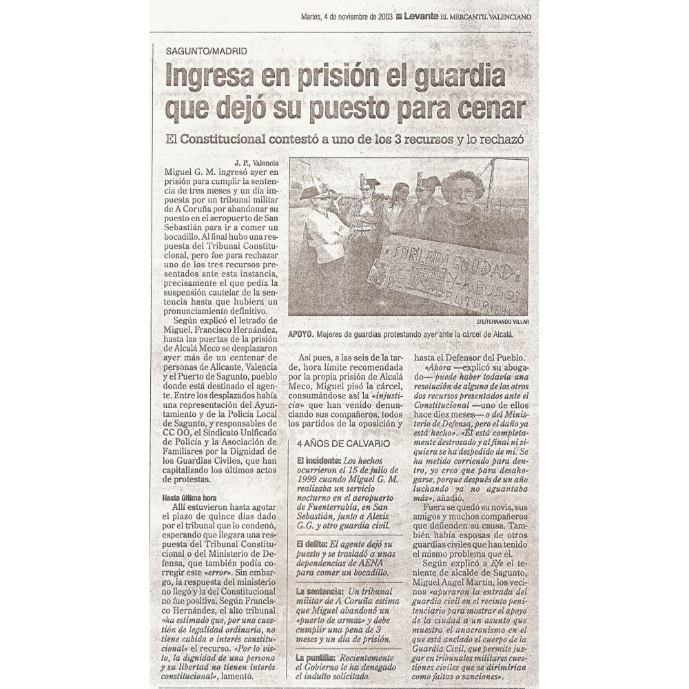 INGRESO EN PRISIÓN GUARDIA CIVIL CONDENADO POR DELITO MILITAR EN ACTO DE SERVICIO POLICIAL